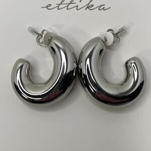 Ettika Silver Half Circle Chunky Pierced Hoop Earrings Revolve Minimalist NWT